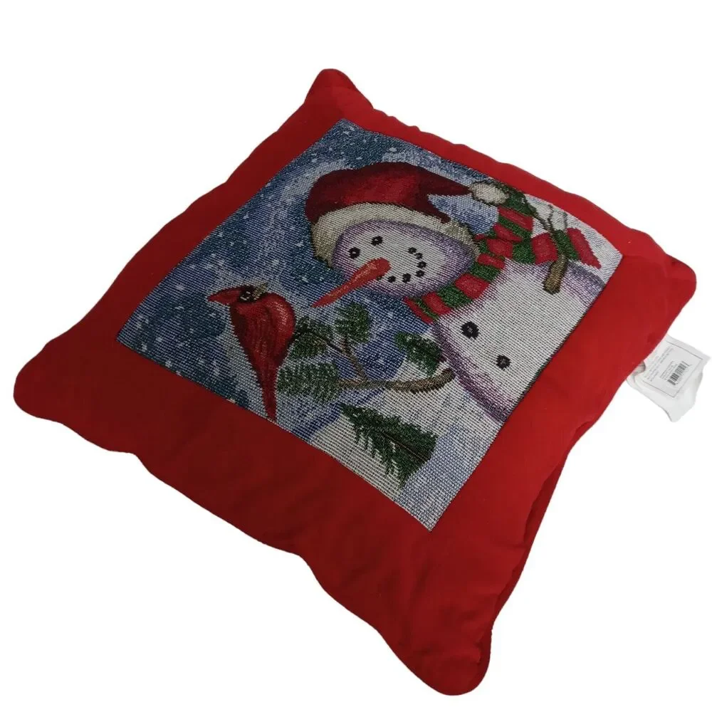 ⛄️ Vtg Tapestry Pillow Snowman Cardinal Gingham Farmhouse Christmas Decor 🎄